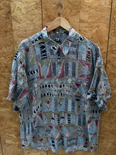 Vintage 90s grey pink green abstract pattern short sleeve rayon shirt size XL